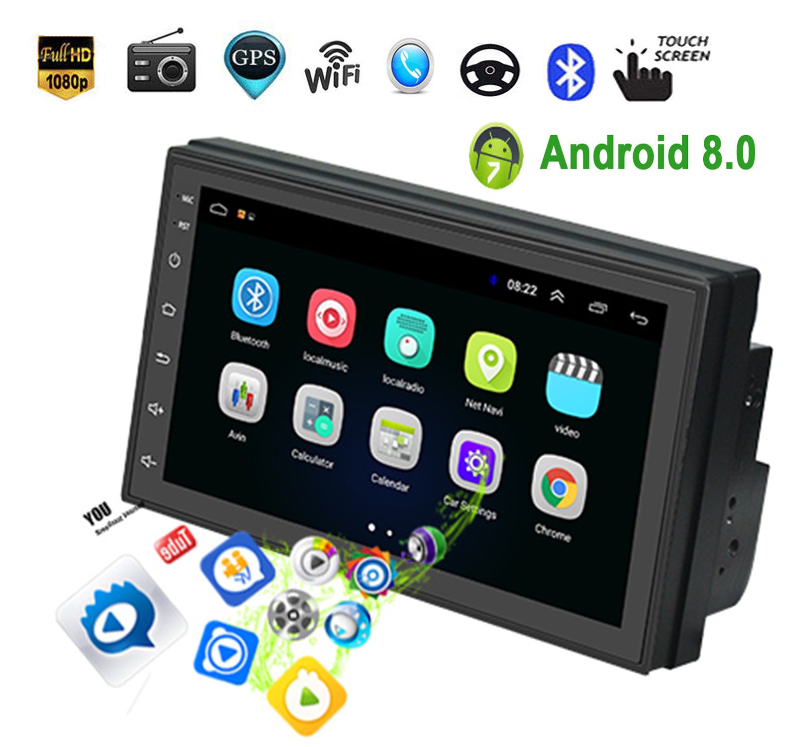 Android 6.0 Car Radio 1024x600 GPS Bluetooth Touch Screen USB.